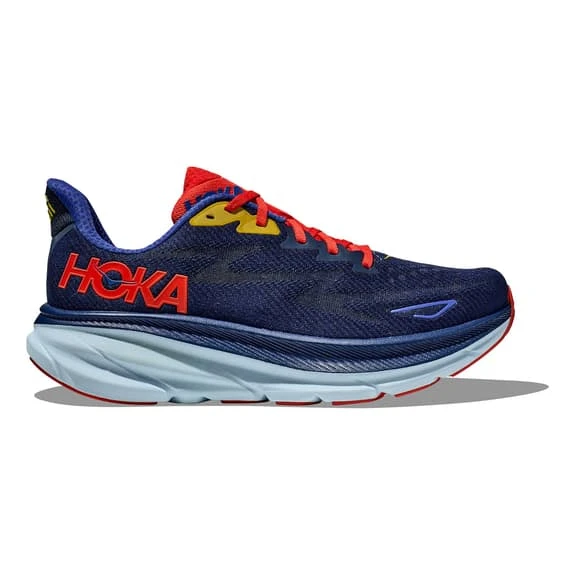 Chaussures HOKA Clifton 9 Wide Bleu Foncé Rouge Brillant Jaune 3 Chaussures HOKA Clifton 9 Wide Bleu Foncé Rouge Brillant Jaune